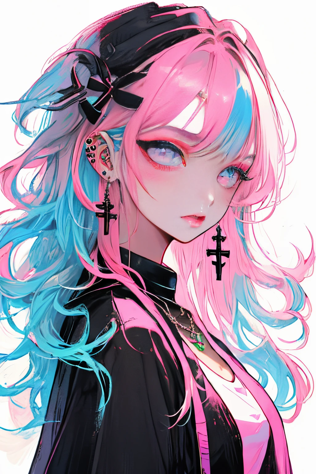 Niji Style, 1girl, solo, long hair, looking at viewer, blue eyeackground, white background, jewelry, closed mouth, jacket, upper body, pink hair, earrings, pink eyes, necklace, from side, sweater, lips, eyelashes, makeup, wavy hair, piercing, cross, lipstick, ear piercing, eyeshadow, hoop earrings, pink lips, multicolored eyes, pink theme, , pink eyeshadow,