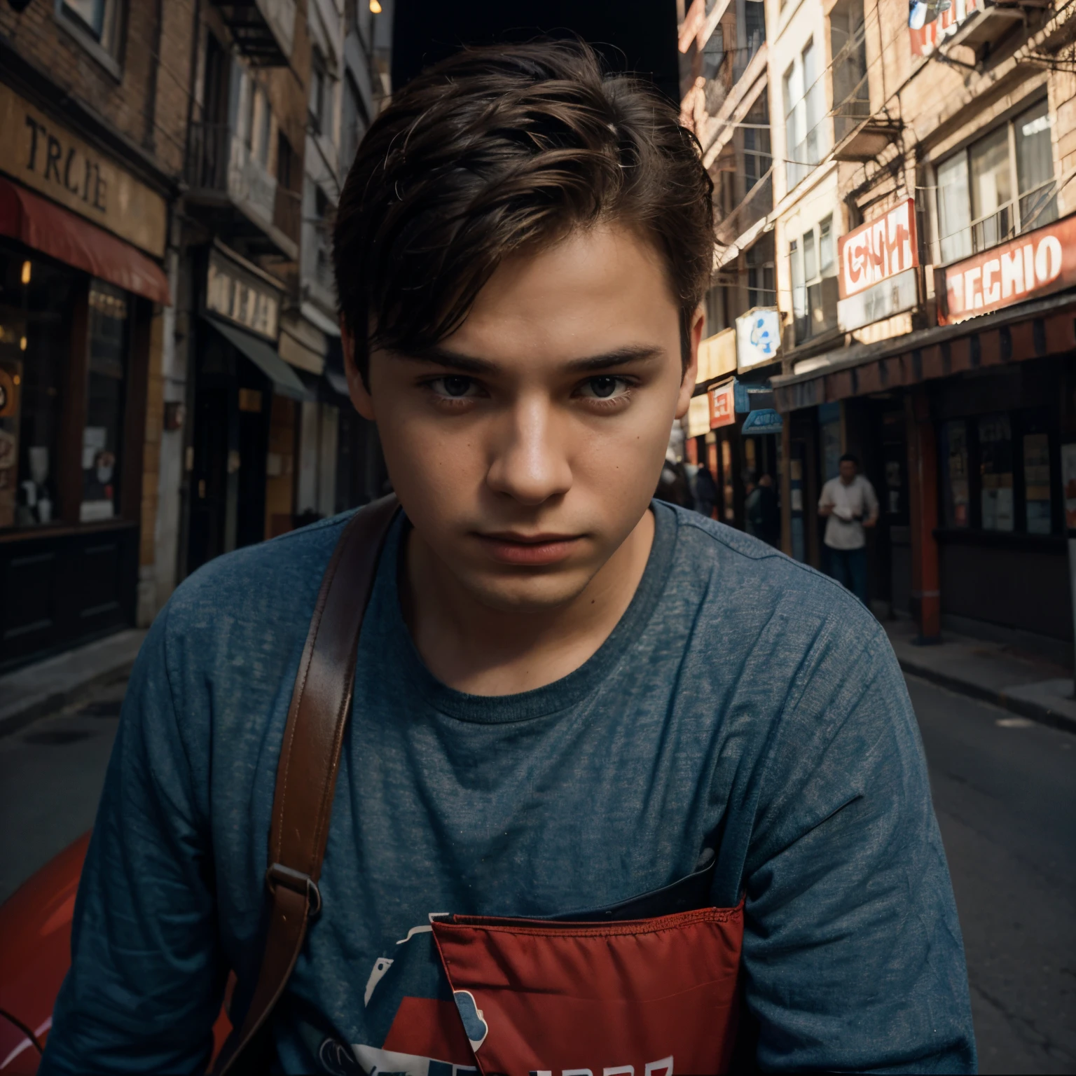 A boy with a car drink red vine Street futuris tic background realistic