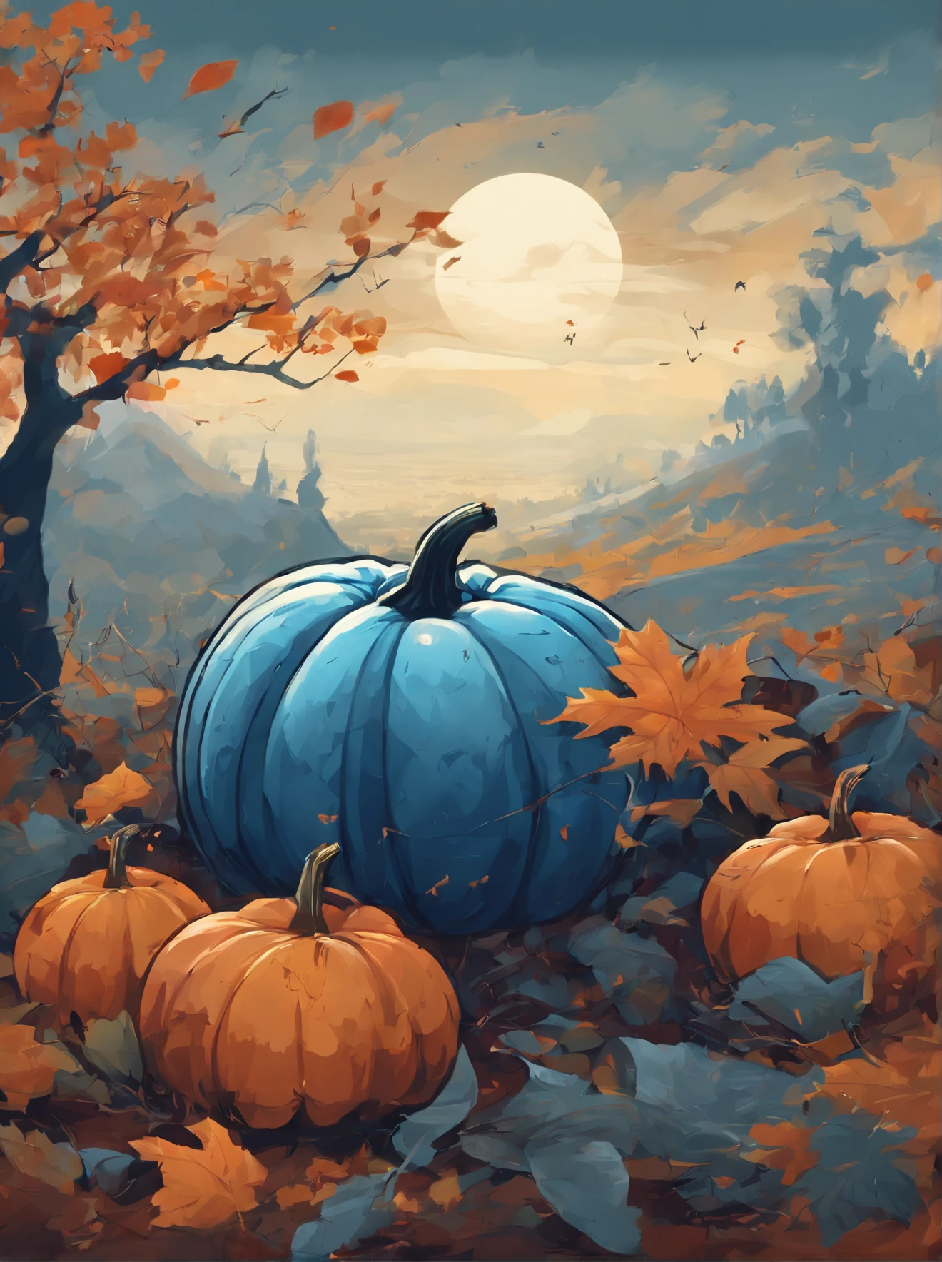 the one (1.0) blue pumpkin (single blue pumpkin: 1.0), (pumpkin color blue: 1.0) grows in garden, and there are mountains on the background, the autumn weather