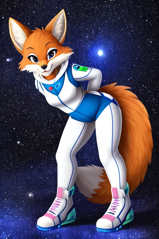 Fluffy girl, Fluffy, 1 fox girl, Fox ears, Foxtail, light orange fur, (The tip of the tail is white), with a space suit on (Blue), standingn, full length, ssmile