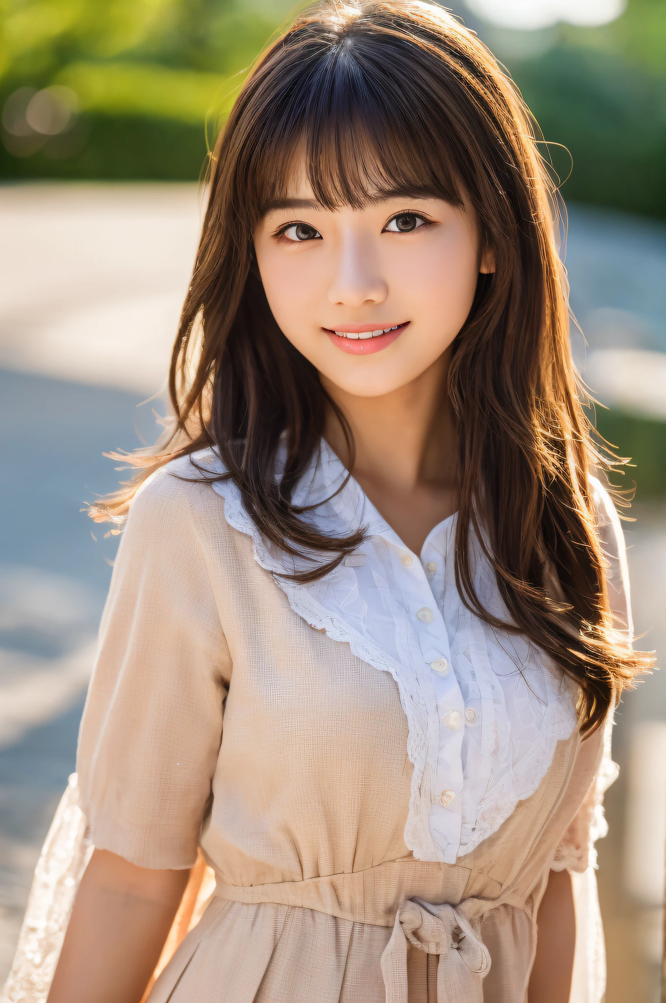 (((masterpiece))), top-quality, ultra-detailliert, Extremely detailed, Detailed background, llight rays, Very beautiful girl, Japanese, 20 yo, Detailed face, Solo, Smile, (Full body:1.3), (Random hairstyles :1.2), Bangs, ((Plump lips)), (Perfect body:1.1), ((School uniform)), Sunrise glow, Summer, in 8K, Wallpaper, amazing, finely detail, Ultra-detailed, 超A high resolution, Extremely detailed, Pure erotic face, extremely detailed eye and face, Beautiful detailed eyes, highlydetailed skin, No makeup, (Natural Skin),