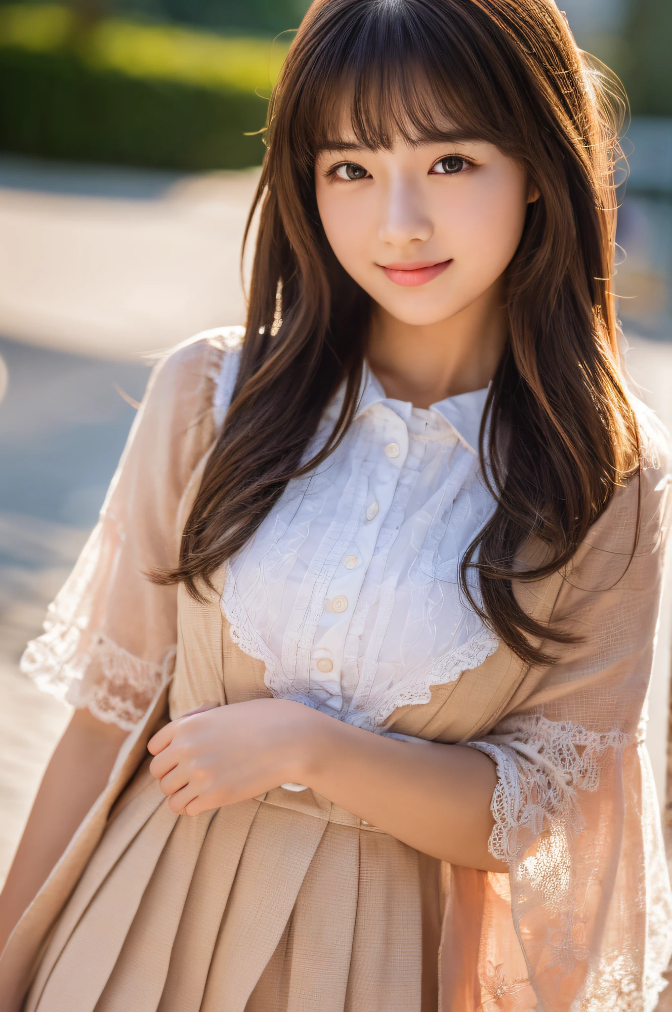 (((​masterpiece))), top-quality, ultra-detailliert, Extremely detailed, Detailed background, llight rays, Very beautiful girl, Japanese, 20 yo, Detailed face, Solo, Smile, (Full body:1.3), (Random hairstyles :1.2), Bangs, ((Plump lips)), (Perfect body:1.1), ((School uniform)), Sunrise glow, Summer, in 8K, Wallpaper, amazing, finely detail, Ultra-detailed, 超A high resolution, Extremely detailed, Pure erotic face, extremely detailed eye and face, Beautiful detailed eyes, highlydetailed skin, No makeup, (Natural Skin),