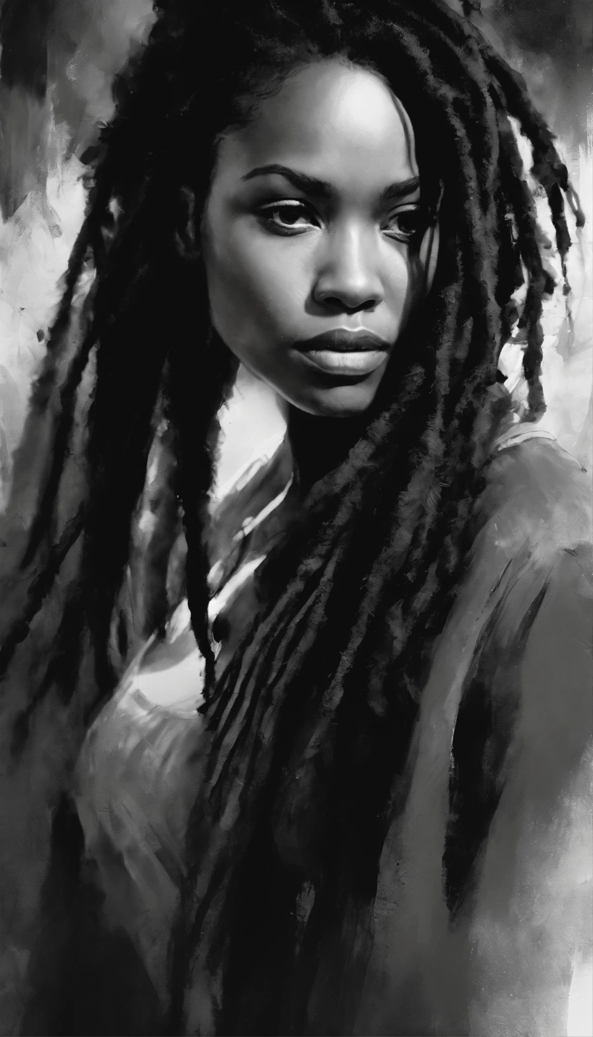uma imagem de uma mulher negra com dreadlocks , No estilo de Russ Mills, Michael Garmash, charming sketches, mono-ha, Contemporary Asian art, Lilia Alvarado, Pincelada concisa --AR 69:128 --s 750 --V 5. 2