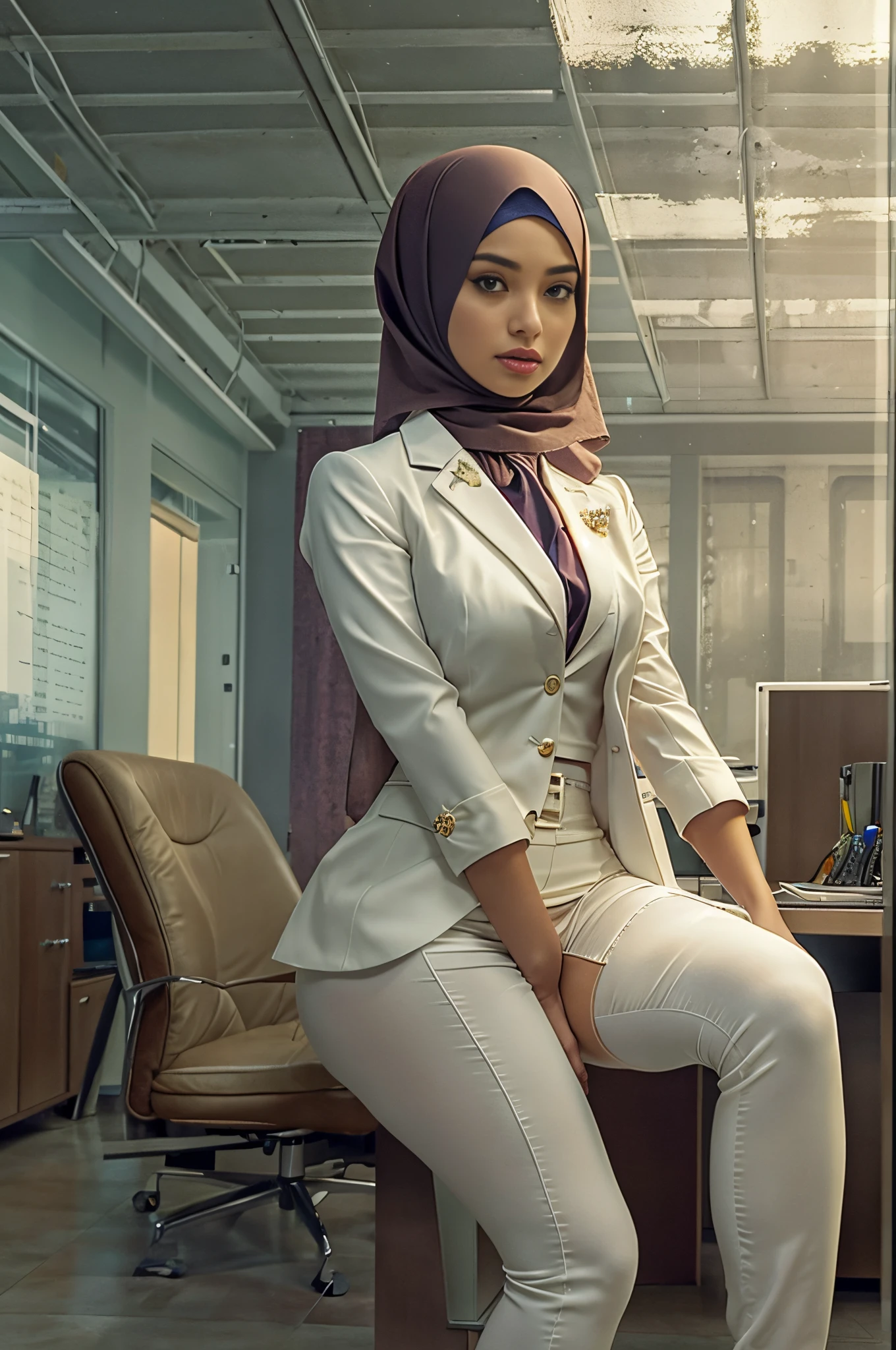 "A malay hijab girl, in the office is squatting looking straight ahead,  The legs are spread in an M shape with both hands folded behind their backs. She wears a white blazer and a white skirt. I'm wearing high heels." It emphasizes realism in every detail of the image, especially in the eyes. This official art Unreal 8k wallpaper is a very detailed, beautiful, aesthetic masterpiece and of the highest quality. The use of dynamic angles shows the elegance and romanticism of the image. This character has medium sized breasts, see-through sheer black  panties, and is in the shape of a camel toe."