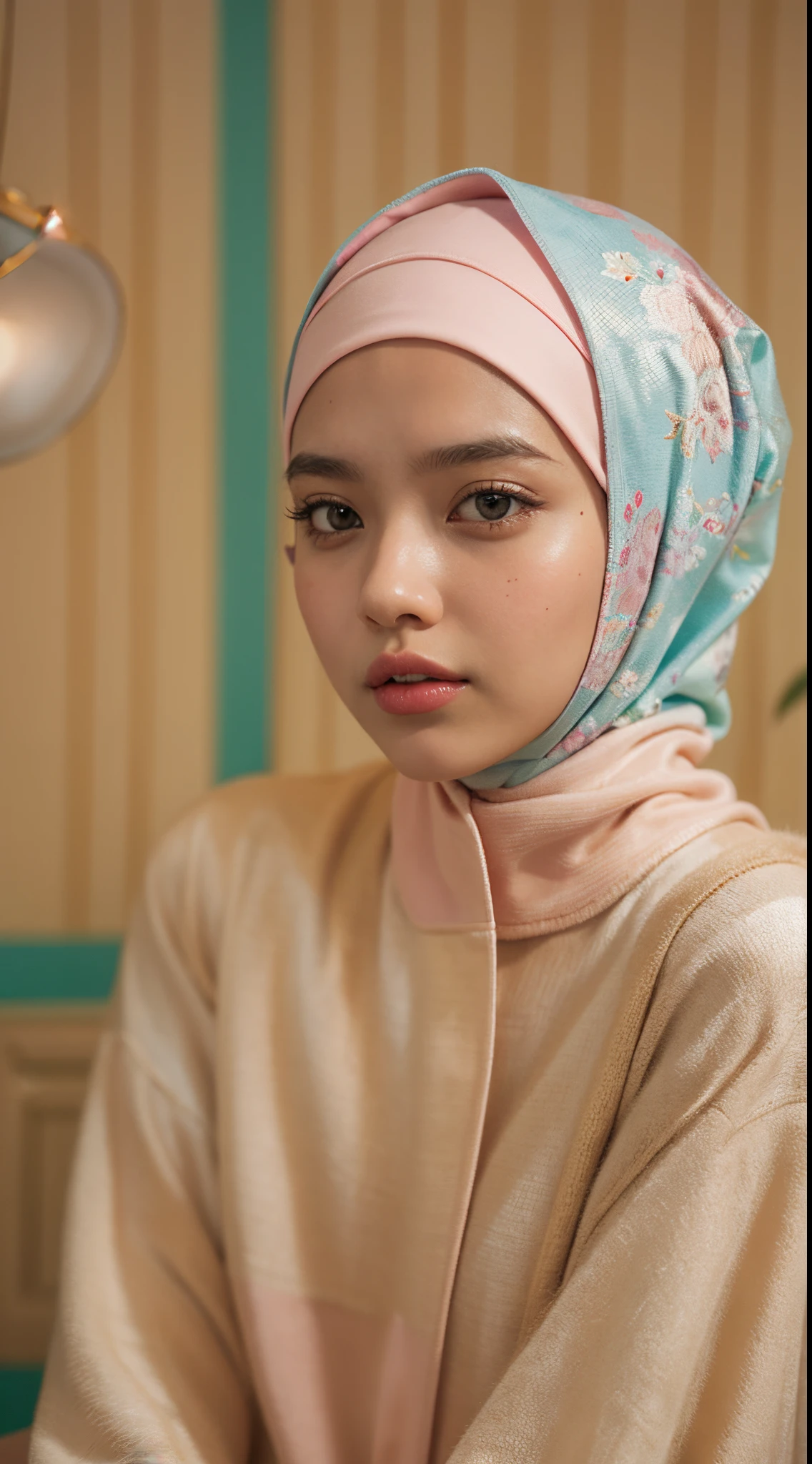 Vogue style photo shoot of malay teenage girl in hijab and pink sexy pyjamas with pastel colored background in Wes Anderson style, seducing pose, hyper - realistic photography, Wes Anderson style, full body, 35mm lens, Extreme close-up, pastel color grading, depth of field cinematography effect, film noir genre, 8k resolution, high quality, ultra detail,