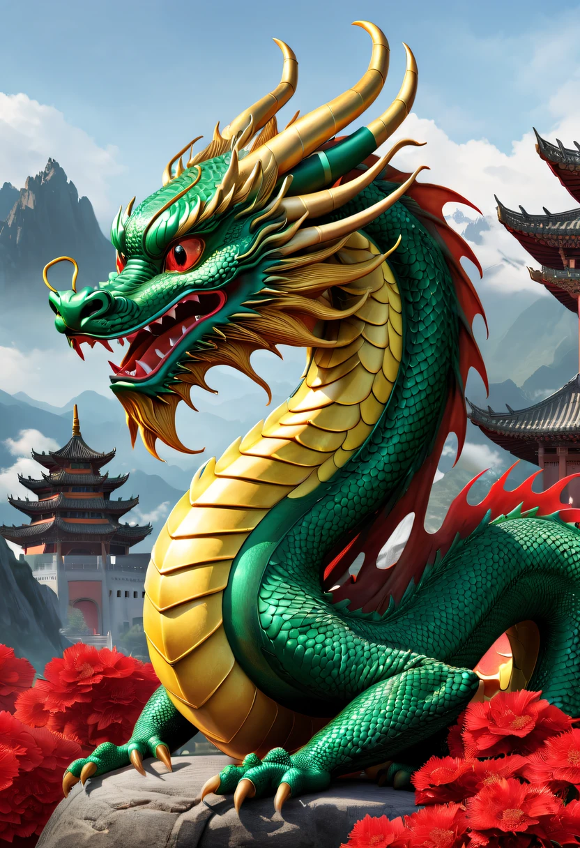 realistic, detailed, highres, majestic dragon, coiled around, stone pillar, head facing camera, intricate scales, serpentine beauty, captivating gaze, divine creature, artistic lighting, imposing presence, ancient symbol, cultural richness, Chinese mythology, powerful creature, mythical beast, ornate details, awe-inspiring scene, grandeur, spring festival atmosphere, festive mood, celebratory vibes, joyful ambiance, Chinese New Year spirit, traditional celebration, radiant gold, shimmering dragon, red lanterns, festive lighting, holiday glow, dragon in festive glow.