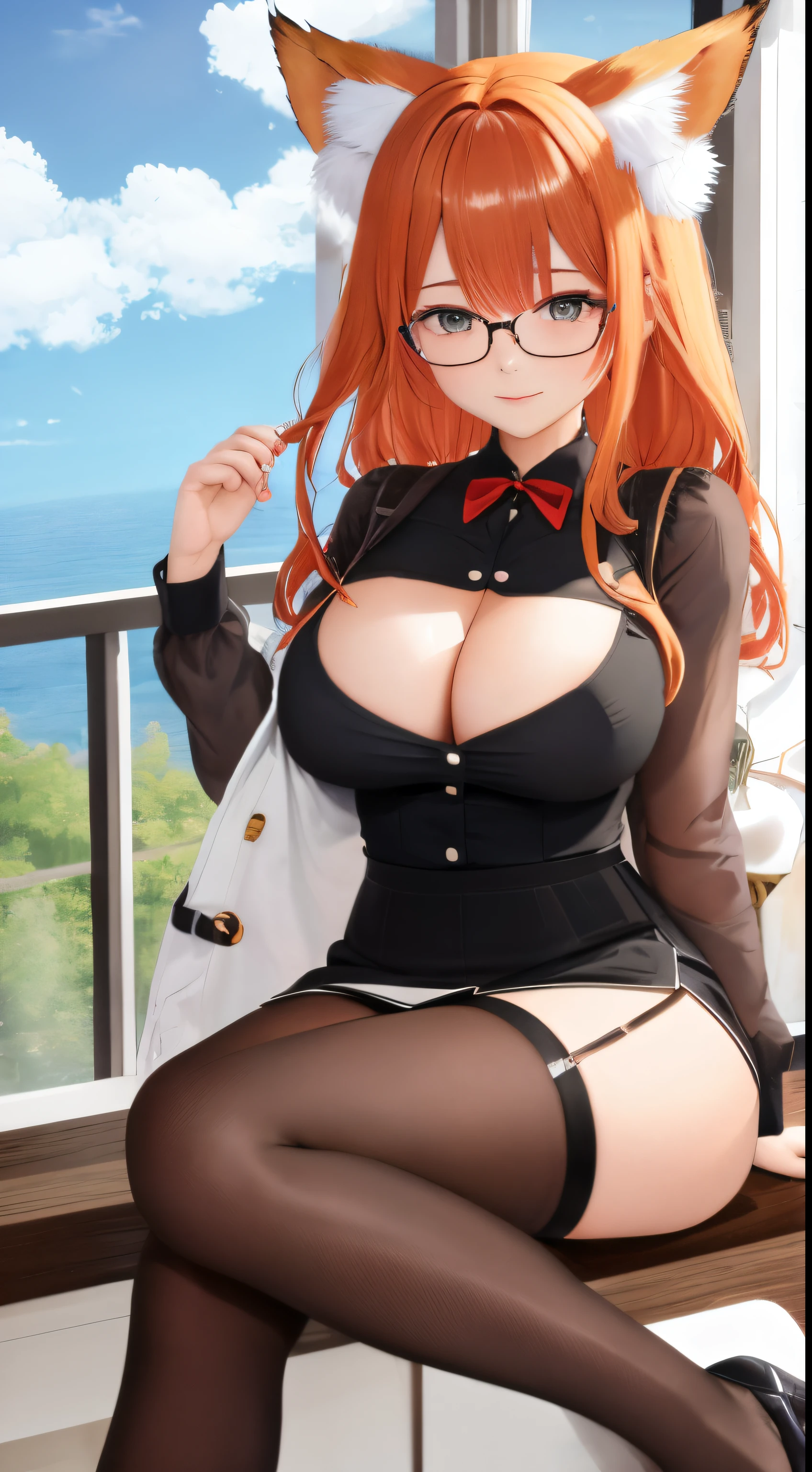 anime girl, 1 person, orange hair, glasses, Crown,maid,fox ear, Fox's tail, front view, big breasts, tights, sitting on desk,exposed chest, underwear, maid suit, shy, blushing, lifting skirt , bright sky, sitting cross-legged, high heels,exposed chest, underwear, middle-aged women, blushing, lifting skirt, showing off underwear, (full HD 4K+ image