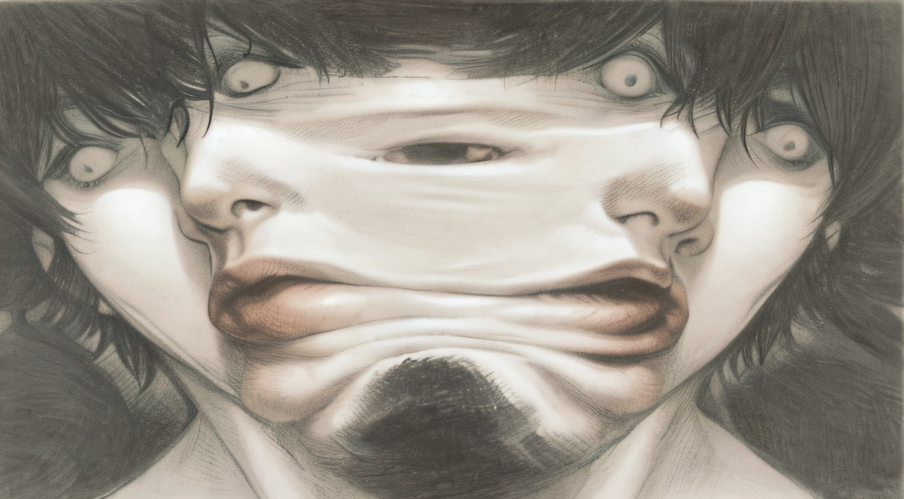 clear drawing of a man with his mouth covered by a sheet, junji ito 4 mil, Shohei Otomo, horror symmetrical face, arte de junji ito, Sutil Junji Ito, junji ito toneladas, Junji Murakami, Ahegao cara, ito junji arte, estilo junji ito, rosto detalhado