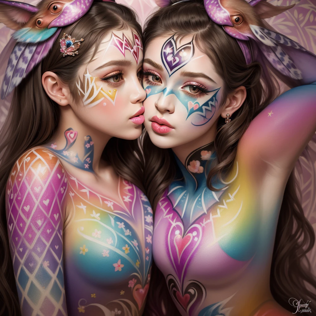 (masterpiece:1.4), most beautiful girl in the world, glossy lips, ultra detailed eyes, Absurdres, hdr, ultra detailed illustration, extremely detailed face, RAW photo, film grain, skin pores, trending on deviantart, Princess, (Beautiful and colorful animal pattern body paint:1.4), (2girls:1.1), (kiss:1.5), heart background