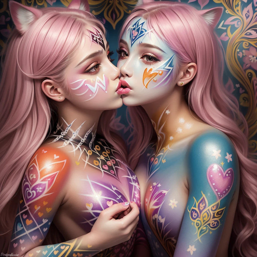 (masterpiece:1.4), most beautiful girl in the world, glossy lips, ultra detailed eyes, Absurdres, hdr, ultra detailed illustration, extremely detailed face, RAW photo, film grain, skin pores, trending on deviantart, Princess, (Beautiful and colorful animal pattern body paint:1.4), (2girls:1.1), (kiss:1.5), heart background