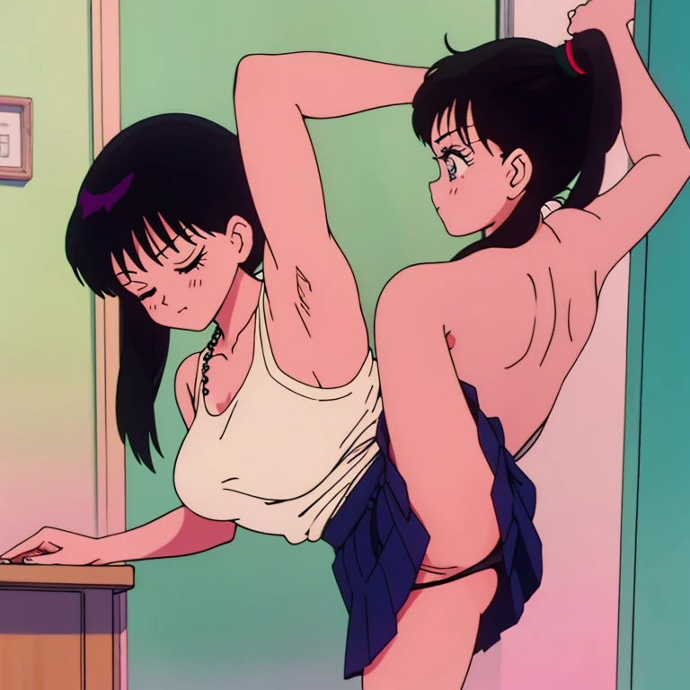 Milf, just one woman, busty, perfect boobs, long legs, chubby, 40s, pouting lips, black hair, hairstyle: ponytail, Asian ethnicity, soft + hot style sharp anime, woman in kitchen, back view, pose opening her legs, sleeping while cumming, opening her legs, mini-skirt, low-cut clothing, no panties, wearing a pearl necklace, dark lighting, pubic hair in the private part.