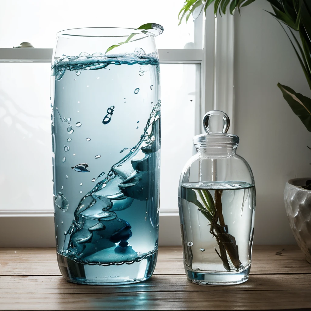 A blue and white betta fish in an aquarium with two water lily plants floating on the surface, attached to a piece of driftwood, with no substrate and crystal-clear water, and an additional seashell. (best quality, realistic:1.37), detailed scales, vibrant colors, underwater, serene ambient lighting, aquatic theme, photorealistic rendering, smooth water surface, peaceful atmosphere, minimalistic design, minimal background distractions, fine details, intricate patterns, contrasting colors, high contrast, lifelike textures, shimmering scales, subtle reflections, tranquil scene, minimalistic composition, zen-like aesthetic