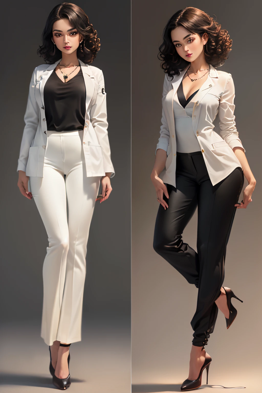 ((Full-body shot ,Perfect hands, 1.65 tall, dynamically poses sideways towards the camera: 1.6)) realistic, right side facing, perfect details, realistic details, intricate details, cgi, masterpiece, best illustration, soft lighting, full body, medical 23 years to 1 year, perfect hands, 1.65 tall, Seen from the right side right arm raised high, smooth soft and pale skin, dark brown curly hair, beautiful face with light makeup, light smile, thin necklace, , on a light gray background, white collared shirt, (white medical coat unbuttoned: 1.2 ), ((black blouse,black flared pants and black high heels:1.4)),Extremely realistic, 3D,