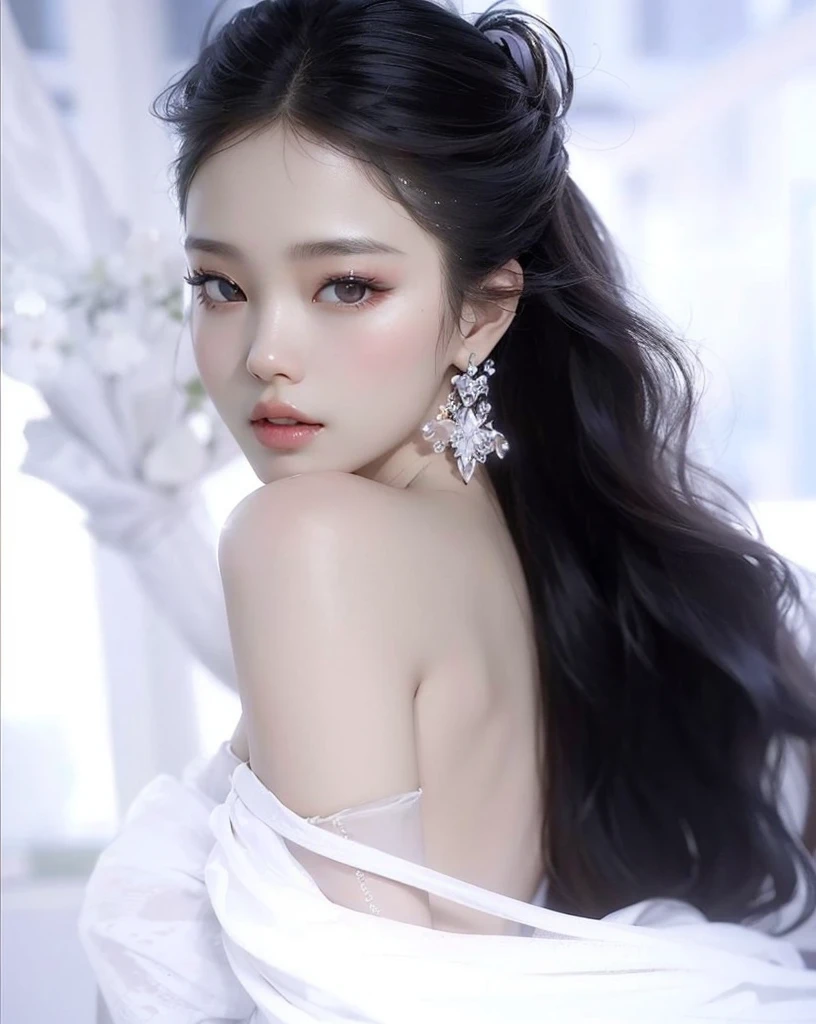 a close up of a woman with long hair wearing a white dress, beautiful south korean woman, Kim Jennie of Blackpink, ethereal beauty, beautiful young korean woman, Kim Jennie beautiful!, inspired by Kim Jennie of Blackpink