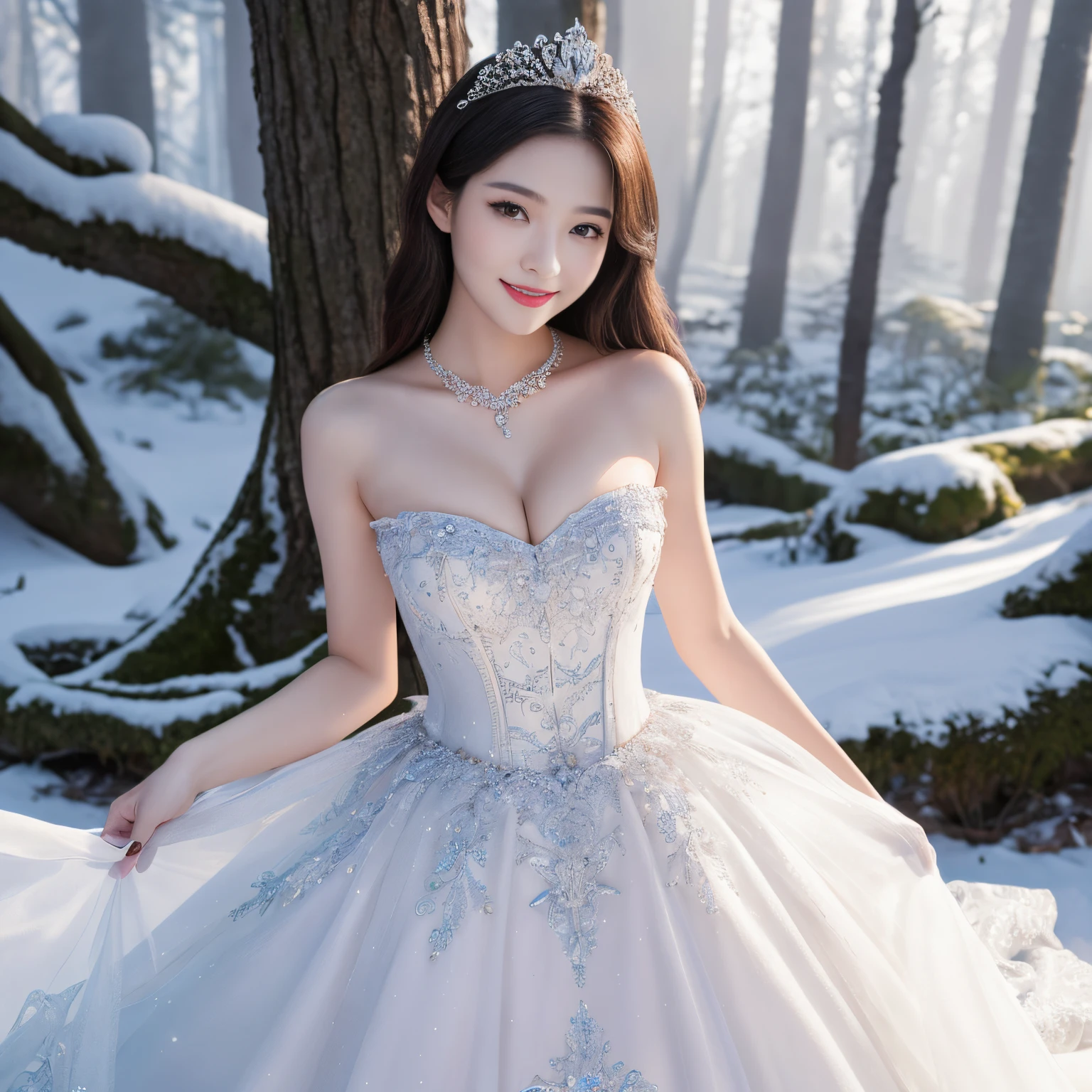 (top-quality、masutepiece、8K、Top image quality))、(1 photo:1.3)、one snow white、(The upper body of Snow White is depicted:1.3)、A slender、dress that tightens the waist、Big breasts、The most luxurious giant tiara、the most luxurious giant necklace、The finest dress with plenty of jewels、Complete reproduction of Snow White's worldview、The most luxurious princess dresses、In the fantasy forest、detail portrayal、Upper body photo、Look at me and smile、accurate anatomy、(Accurate costumes:1.2)