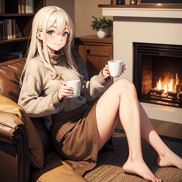 A 25 years old girl sitting on a single sofa beside wooden fireplace at home, holding coffee cup winter time, smiling face, looking at viewer