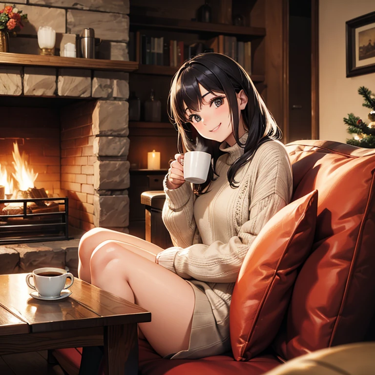 A 25 years old girl sitting on a single sofa beside wooden fireplace at home, holding coffee cup winter time, smiling face, looking at viewer