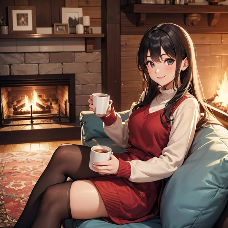 A 25 years old girl sitting on a single sofa beside wooden fireplace at home, holding coffee cup winter time, smiling face, looking at viewer