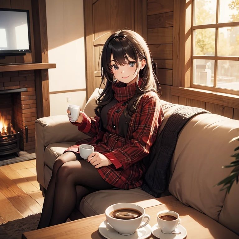A 25 years old girl sitting on a single sofa beside wooden fireplace at home, holding coffee cup winter time, smiling face, looking at viewer