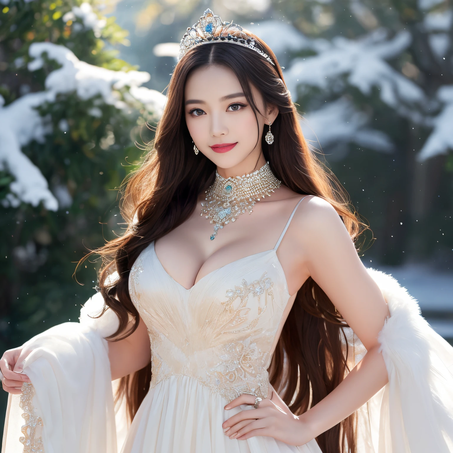 (top-quality、masutepiece、8K、Top image quality))、(1 photo:1.3)、one snow white、(The upper body of Snow White is depicted:1.3)、A slender、dress that tightens the waist、Big breasts、The most luxurious giant tiara、the most luxurious giant necklace、The finest dress with plenty of jewels、Complete reproduction of Snow White's worldview、The most luxurious princess dresses、In the fantasy forest、detail portrayal、Upper body photo、Look at me and smile、accurate anatomy、(Accurate costumes:1.2)