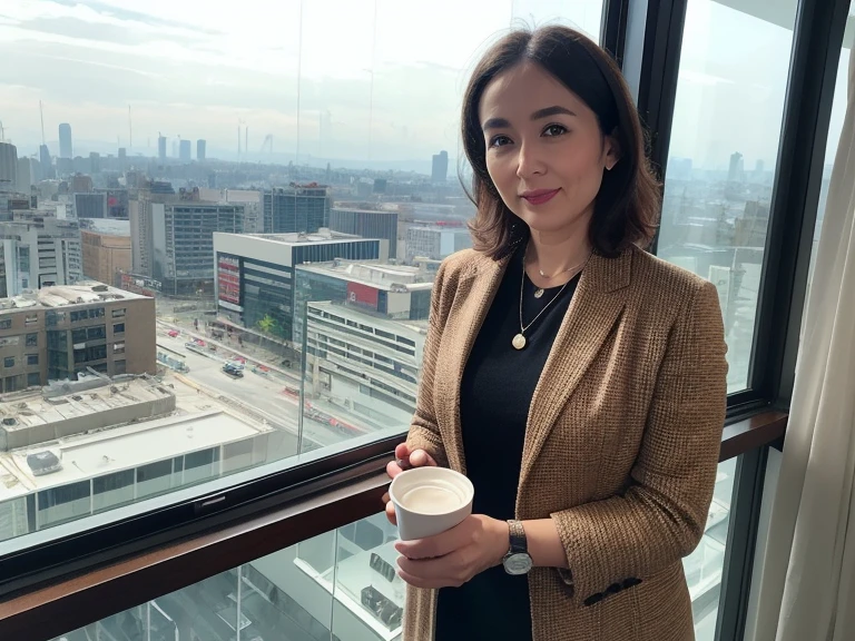 best quality,4k,8k,highres,masterpiece:1.2),ultra-detailed,(realistic,photorealistic,photo-realistic:1.37),Middle aged Business woman in office with city view, looking at camera, professional,confident,stylish,modern,beautifully designed office space,tall buildings in the background,huge glass windows overlooking the city skyline,bright natural light streaming in,cityscape at sunset with warm golden hues,reflection of the city lights on the glass panels,neat and organized office desk with a sleek computer monitor,wireless keyboard and mouse,crisp white documents,stylish desk accessories,floor-to-ceiling bookshelf filled with business and leadership books,well-dressed woman wearing a tailored suit, with jacket,subtle makeup and neatly styled hair,accessories like a statement necklace and elegant wristwatch,expressive and focused eyes,well-defined eyebrows,subtly lined lips with a hint of red lipstick,faint smile,confident look, confident, posture,leaning against the window ledge,gently holding a hot cup of coffee,city sounds in the background,peaceful and serene atmosphere,inspiring and motivating environment. hands on lap, looking at camera.