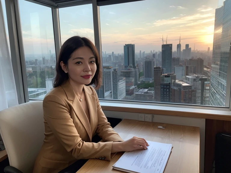 best quality,4k,8k,highres,masterpiece:1.2),ultra-detailed,(realistic,photorealistic,photo-realistic:1.37),Middle aged Business woman in office with city view, looking at camera, professional,confident,stylish,modern,beautifully designed office space,tall buildings in the background,huge glass windows overlooking the city skyline,bright natural light streaming in,cityscape at sunset with warm golden hues,reflection of the city lights on the glass panels,neat and organized office desk with a sleek computer monitor,wireless keyboard and mouse,crisp white documents,stylish desk accessories,floor-to-ceiling bookshelf filled with business and leadership books,well-dressed woman wearing a tailored suit, with jacket,subtle makeup and neatly styled hair,accessories like a statement necklace and elegant wristwatch,expressive and focused eyes,well-defined eyebrows,subtly lined lips with a hint of red lipstick,faint smile,confident look, confident, posture,leaning against the window ledge,gently holding a hot cup of coffee,city sounds in the background,peaceful and serene atmosphere,inspiring and motivating environment. hands on lap, looking at camera.