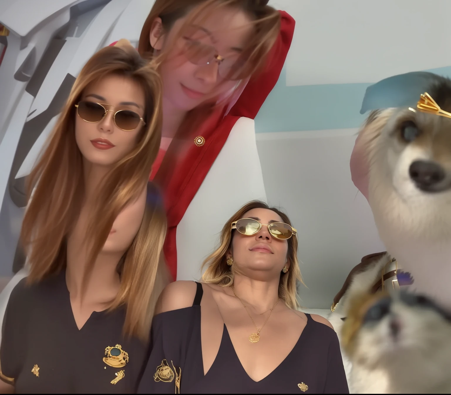 there  a woman wearing gold sunglasses and a necklace, wearing gold glasses, wearing versace sunglasses, very very low quality picture, gold glasses, looks like fabiula nascimento, 3 0 years old woman, 30 years old woman, mid 2 0's female, low quality photo, 3 0 years woman, very very low quality, huge chin, thick glasses, she's in a club with a husky to the left and right of her, they are wearing sunglasses