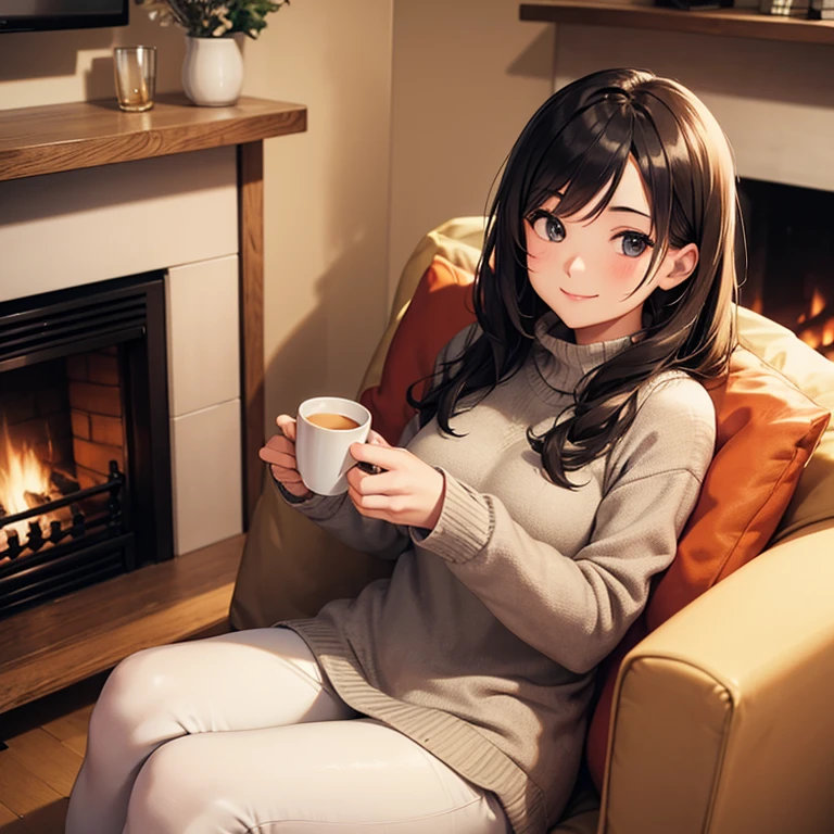 A 25 years old girl sitting on a single sofa beside wooden fireplace at home, holding one coffee cup, winter time, smiling face, looking at viewer