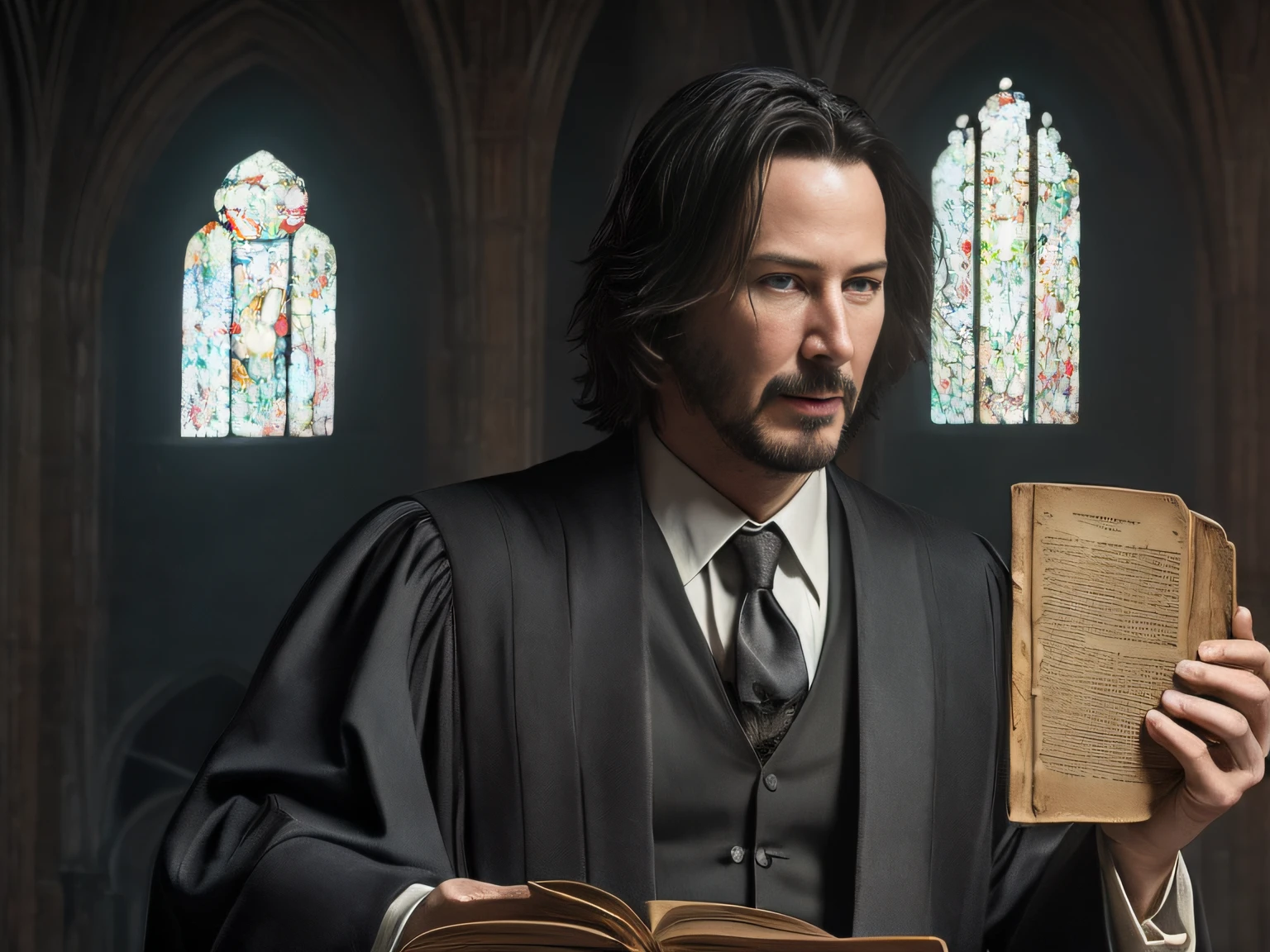 a handsome, Keanu Reeves, in Hogwarts robes, young wizard professor, with the book, background magic style Hogwarts, ultra quality, Masterpiece, surreal. --auto