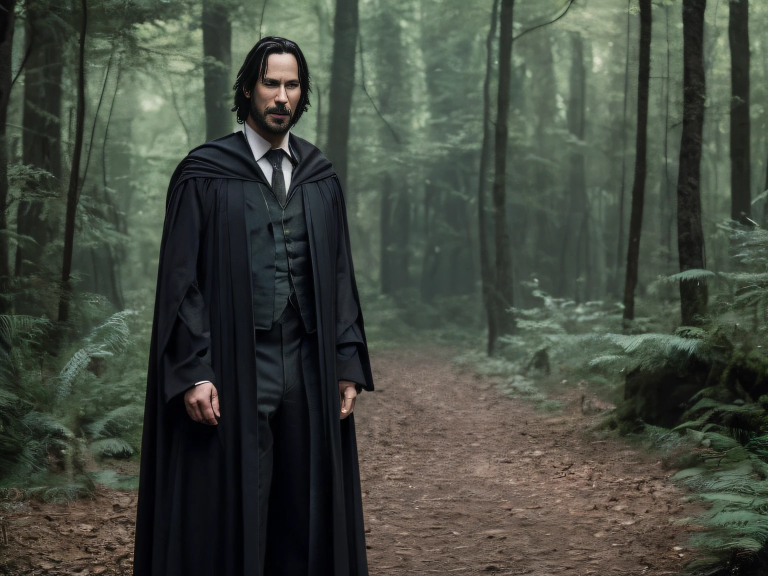 a handsome, Keanu Reeves, in Hogwarts robes, young wizard professor, in the woods, background magic style Hogwarts, ultra quality, Masterpiece, surreal. --auto