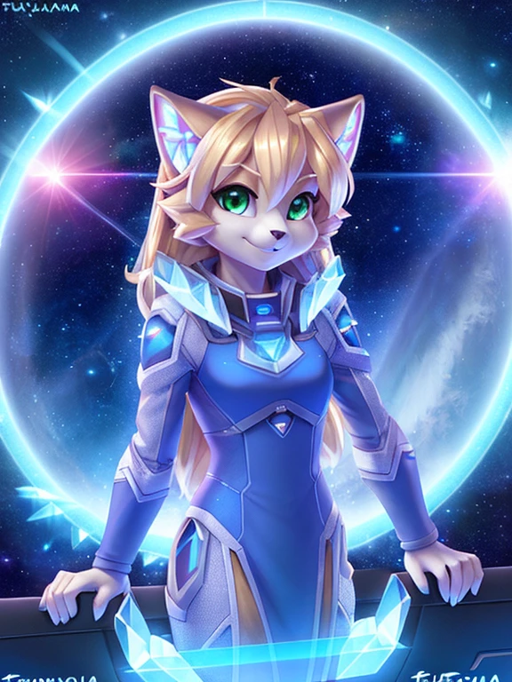 Beautiful and detailed (cute portrait) de ((crystal)), Star Fox Crystal, Skinny, adorable, Green eyes, small breasts, spacesuit, Typing on a holographic computer, cleavage, grin, Looking Up,, anthro, Furry, Holographic screen, science fiction, Uploaded by e621, detailed fluffy fur, (by fluff-kevlar, Bayard Wu, personalami, pino daeni), Detailed Face, (Fluffy),