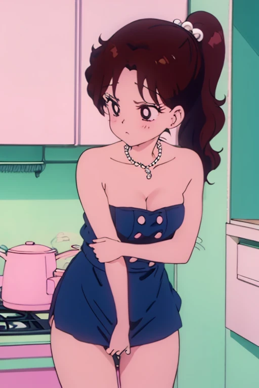 Milf, just one woman, busty, perfect boobs, long legs, chubby, 40s, pouting lips, black hair, hairstyle: ponytail, Asian ethnicity, soft + hot style sharp anime, woman in kitchen, back view, pose opening legs sleeping while cumming, opening legs, no clothes (naked), partially naked, low-cut clothing, no panties, wearing a pearl necklace, dark lighting, pubic hair in the private part.
