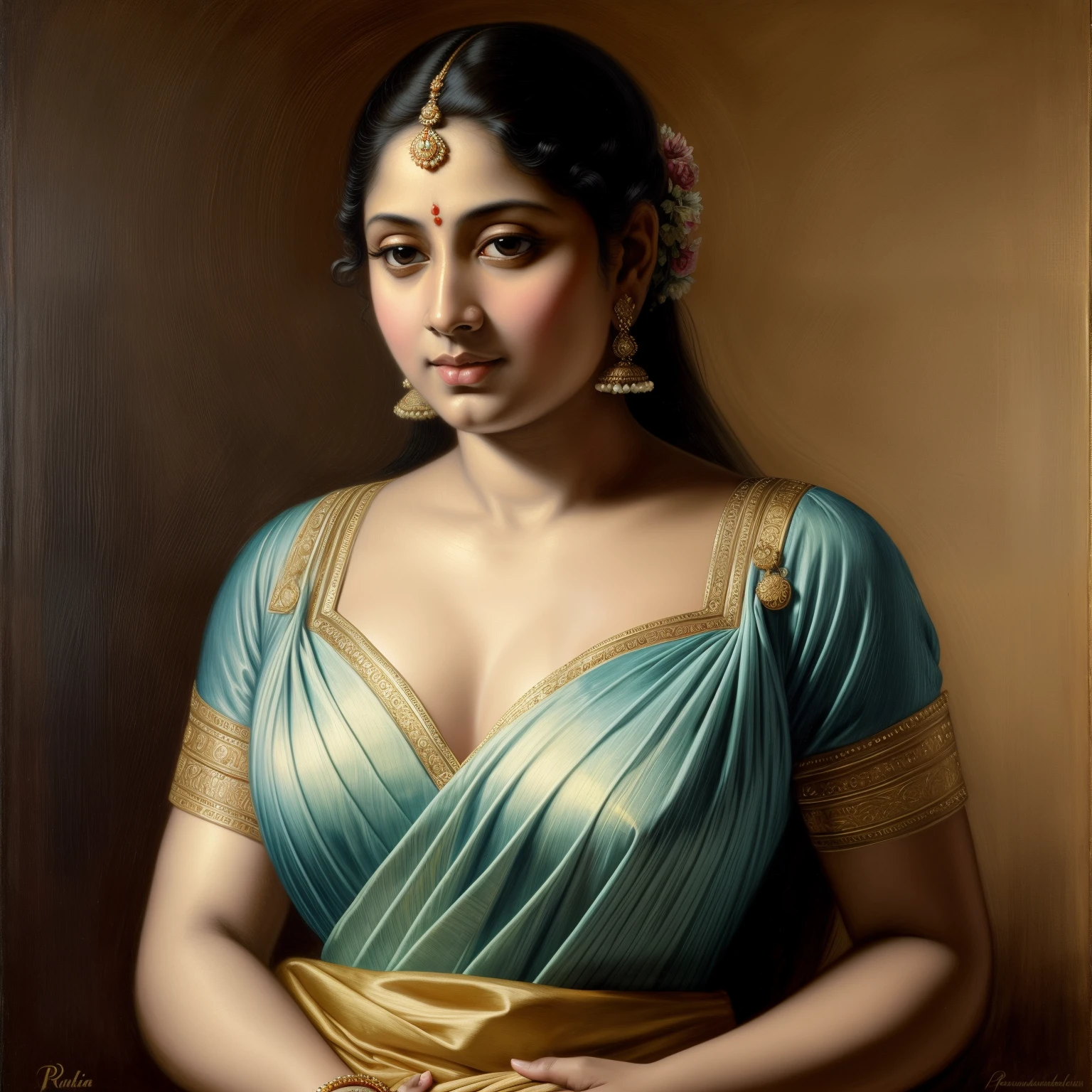 Beautiful Indian Woman, wearing saree, sari Beauty, gorgeous, Apsara, Maharani, royal queen woman, nymph from Hindu Mythology, Urvashi, matchless beauty, Highly detailed, Oil Painting by Peter Paul Rubens inspired by Raja Ravi Varma, Matchless beauty, captivating, gorgeous, heavenly beauty, celestial beauty, by Peter Paul Rubens, 1893, realistic, hyper realistic, micro details, incredible artwork, insane details, ultra High resolution, 8k, 32k, acrylic on canvas, intricate, flawless, detailed, detailed face, detailed eyes, masterpiece, by Peter Paul Rubens, by Caravaggio, by William Adolphe bouguereau, perfect face, perfect body, beautiful art, realism, baroque, renaissance Art, highly textured, beautiful and detailed eyes, uhd, best quality,