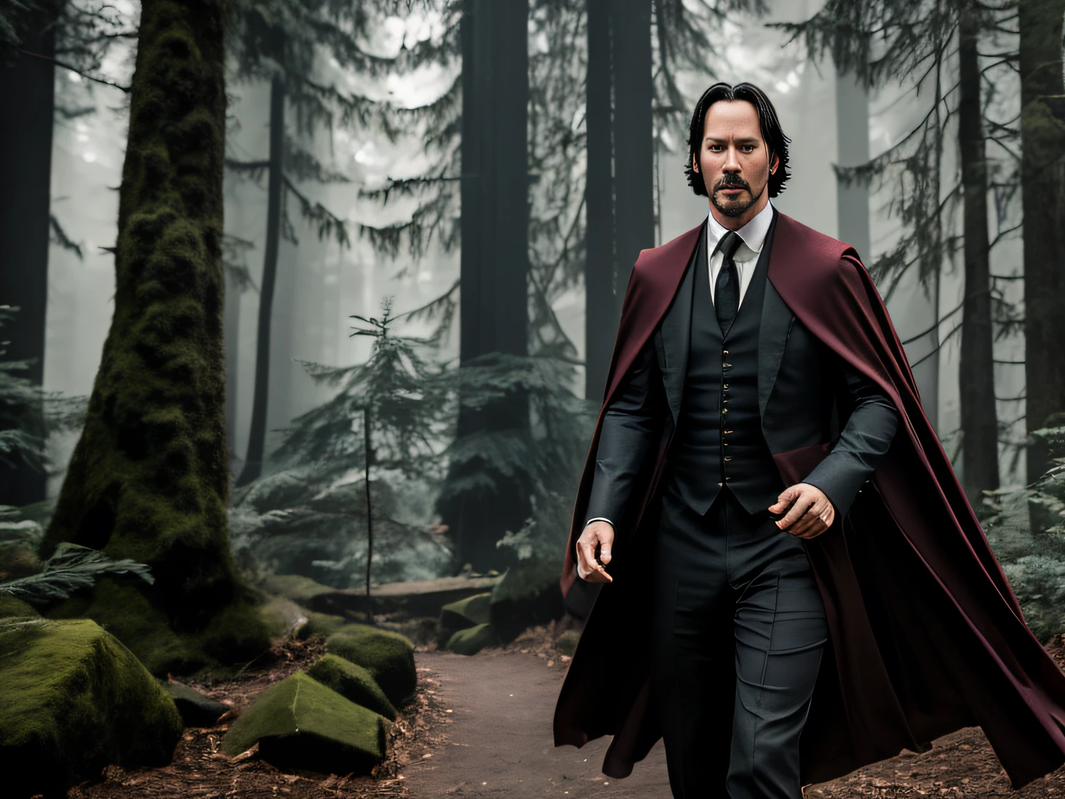 a handsome, Keanu Reeves, in Hogwarts robes, young wizard professor, in the woods, background magic style Hogwarts, ultra quality, Masterpiece, surreal. --auto