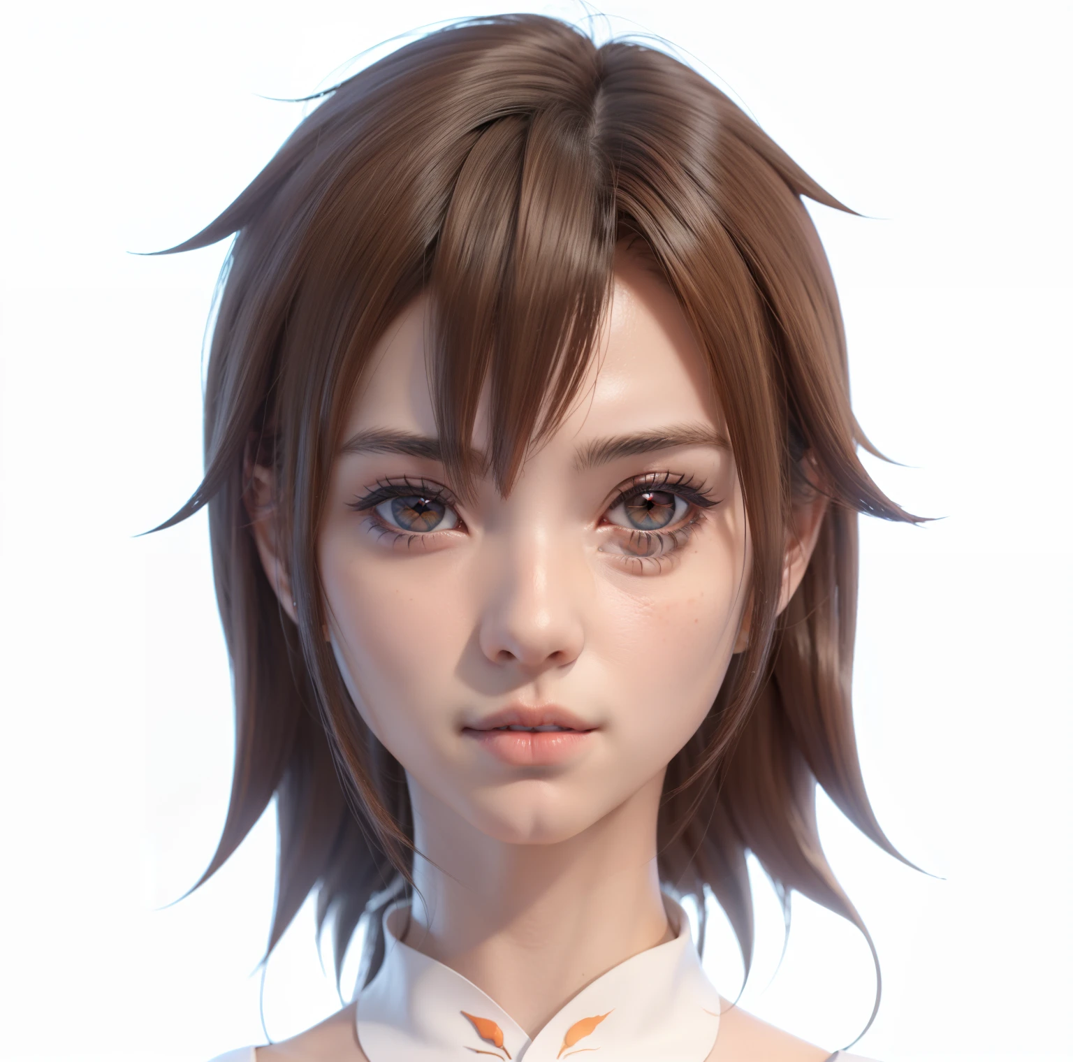 Anime girl with brown hair and orange eyes in a white shirt, Erstellt mit Anime Painter Studio, Realistischer Anime-3D-Stil, Detailliertes Anime-weiches Gesicht, Hochdetaillierter Gesichts-Anime, 3D im Anime-Stil, Semi-realistischer Anime, render of a cute 3d anime girl, Realistisches Anime-Gesicht, Portrait of an anime girl, Semirealistischer Anime-Stil, Realistic young anime girl , smile, orange eyes, orangene augen, piercing in der mitte der unterlippe, gepiercte unterlippe, bright orange eyecolor, gentle face expression
