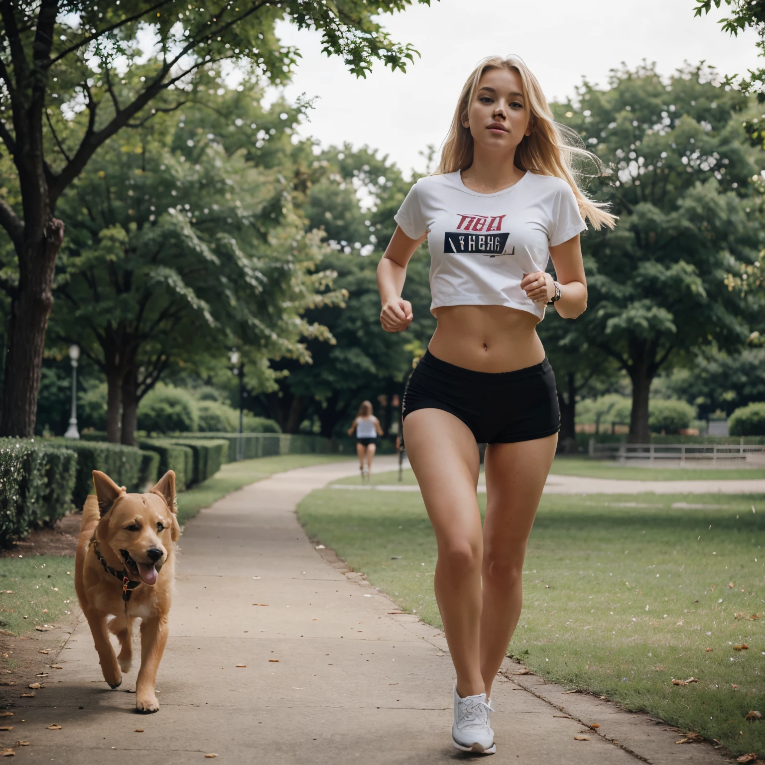 A sexy girl blonde hair with a dog running in a park.