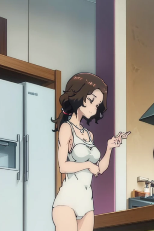 Milf, just one woman, busty, perfect boobs, long legs, chubby, 40s, pouting lips, black hair, hairstyle: ponytail, Asian ethnicity, soft + hot style sharp anime, woman in kitchen, back view, pose opening legs sleeping while cumming, opening legs, no clothes (naked), partially naked, low-cut clothing, no panties, wearing a pearl necklace, dark lighting, pubic hair in the private part.