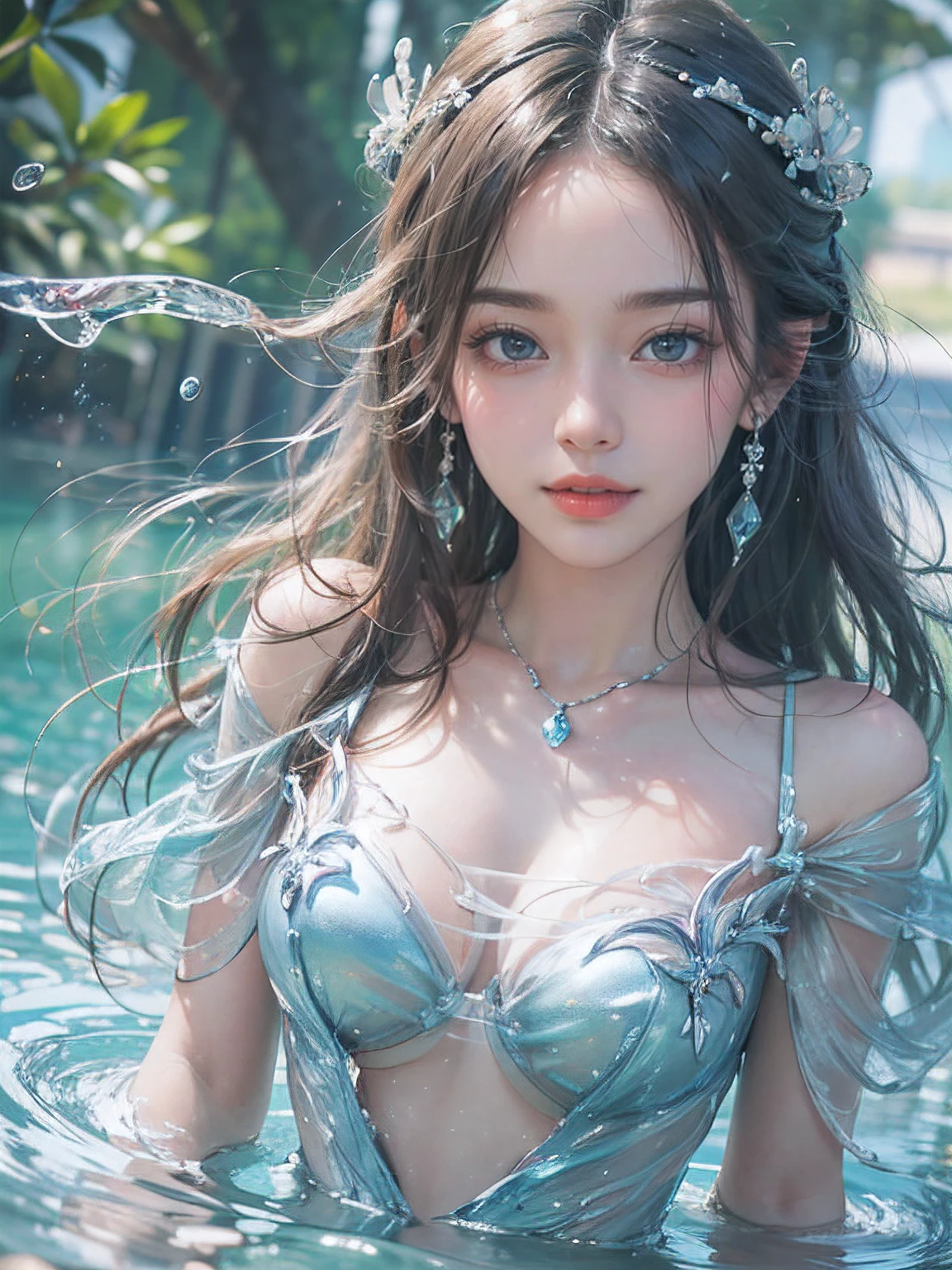 (Top quality color photo of pretty woman in water dress), ( Water Dress, stream of water, controlling water:1.2), (extremely delicate and beautiful work:1.2), Slim abs ,Shiny skin ,Black hair ,Ultra-detailed face, Detailed eyes, Lustrous lips ,subtle smile, Blue tones, Realistic style with fantasy elements , Charming realistic characters, (surrealism, Complex background:1.1) , (Best Quality, masutepiece, ultra-detailliert, 超A high resolution, Photorealistic, Raw photo, absurderes, absolutely resolution:1.4),