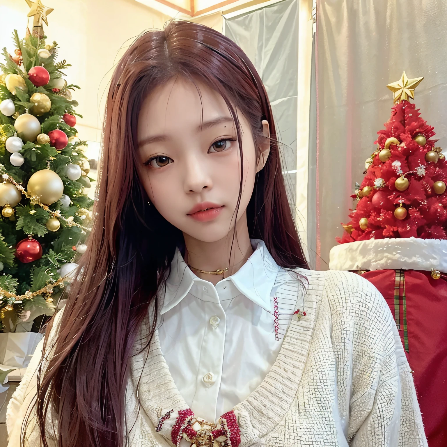 Jennie with a pretty cute Christmas sweater, she has long, pretty, bright red hair, next to her there is a red and gold Christmas tree She has a good body from exercise, she is in her warm house.