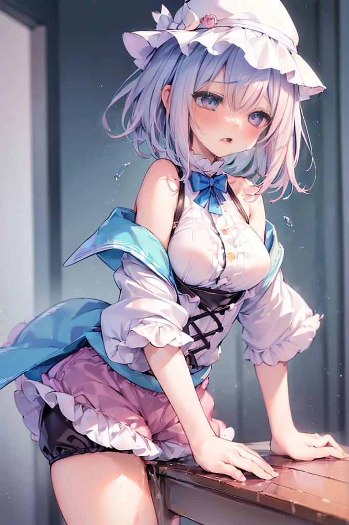 , 1girl, (table humping:1.5), (crotch rub:1.2), ((ouji ta), (neat outfit:1.5), (short pant:1.5), (costume with blue accents: 1.2),(White hair and blue highlights),cyan eyes, medium, short hair, solo, (medium breasts:1.2), table, lifting,(suggestive fluid:1.2), masterpiece, (blushing:1.3), embarrassed face, best quality, highly detailed, (panting:1.2) saliva dripping, (blushing:1.3), (yawning:1.5), (pussy juice:1.5)
