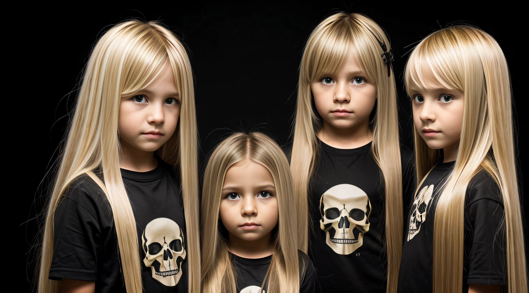cabelo longo loiro infantil, there are three skulls and scissors on a black surface,