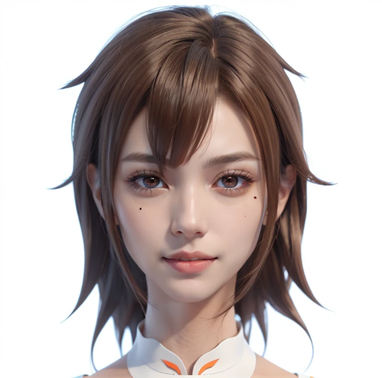 Anime girl with brown hair and orange eyes in a white shirt, Erstellt mit Anime Painter Studio, Realistischer Anime-3D-Stil, Detailliertes Anime-weiches Gesicht, Hochdetaillierter Gesichts-Anime, 3D im Anime-Stil, Halbrealistischer Anime, render of a cute 3d anime girl, Realistisches Anime-Gesicht, Portrait of an anime girl, Semirealistischer Anime-Stil, Realistic young anime girl , smil, orangefarbene Augen, Orangene Augen, Piercing in der Mitte der Unterlippe, gepierkte Unterlippe, leuchtend orange Augenfarbe, sanfter Gesichtsausdruck