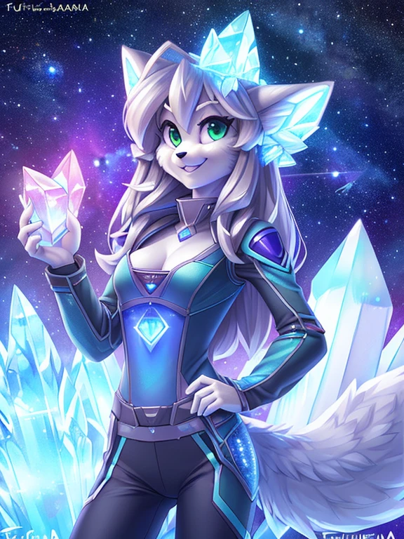 Beautiful and detailed (cute portrait) de ((crystal)), Star Fox Crystal, Skinny, adorable, Green eyes, small breasts, spacesuit, Printing on a holographic computer, cleavage, grin, Looking Up,, anthro, Furry, Holographic screen, science fiction, uploaded the e621, detailed fluffy fur, (by fluff-kevlar, Bayard Wu, personalami, pino daeni), Detailed Face, (Fluffy),