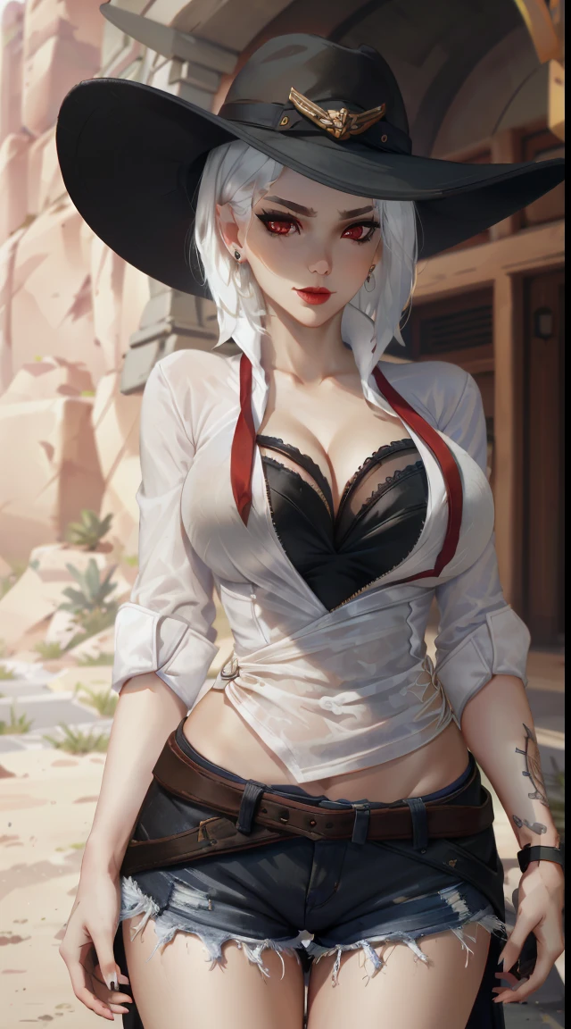 AsheOver, alone, hat, mole over mouth, earrings, red eyes, jewelry, makeup, lipstick, looking at viewer, top t-shirt, cleavage, shorts, white hair, asymmetrical hair, blurred, earrings, taupe, intricate background, red lips, nose, day, shirt, cleavage, upper body, lips, mouth hold, shadow, portrait, depth of field, short hair, outdoors, mask, medium hair, dynamic pose, body shape with curves, intricate details