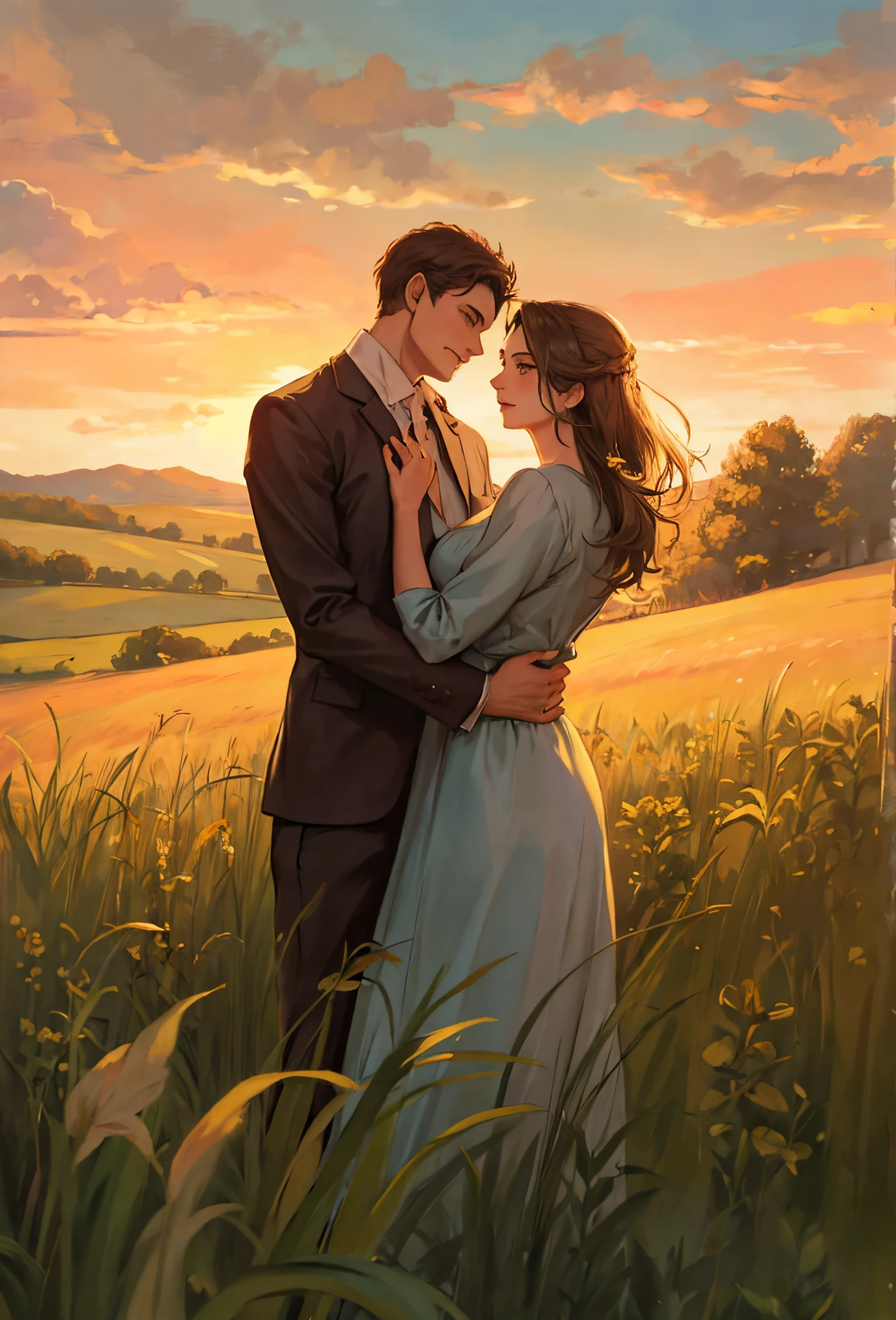 painting of a couple in a grassy field at sunset, capa de romance, rob rey and kentarõ miura style, rob rey and kentarõ miura, Charlie Bowater e Tom Bagshaw, Charlie Bowater e Artgeem, Capa de livro de romance, Rob Rey, Pintura digital elegante, estilo de capa de livro de romance, romantic era painting