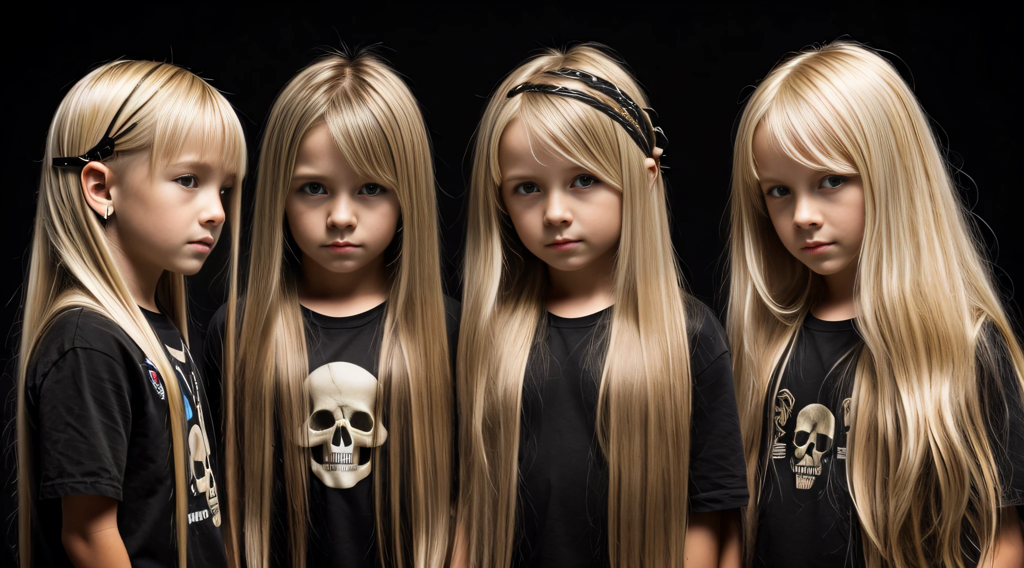 cabelo longo loiro infantil, there are three skulls and scissors on a black surface,