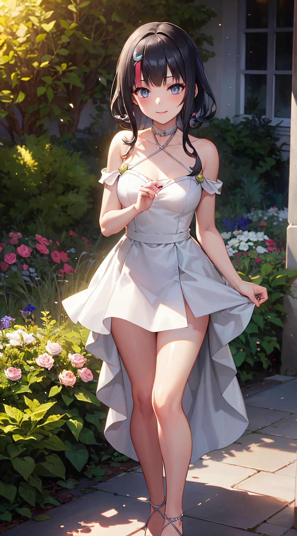 masterpiece, great quality, ultra detail, illustration, game cg, 1girl, solo, (FGOErice), collarbone, wedding dress, blush, standing, garden, glossy lips, makeup, light smile