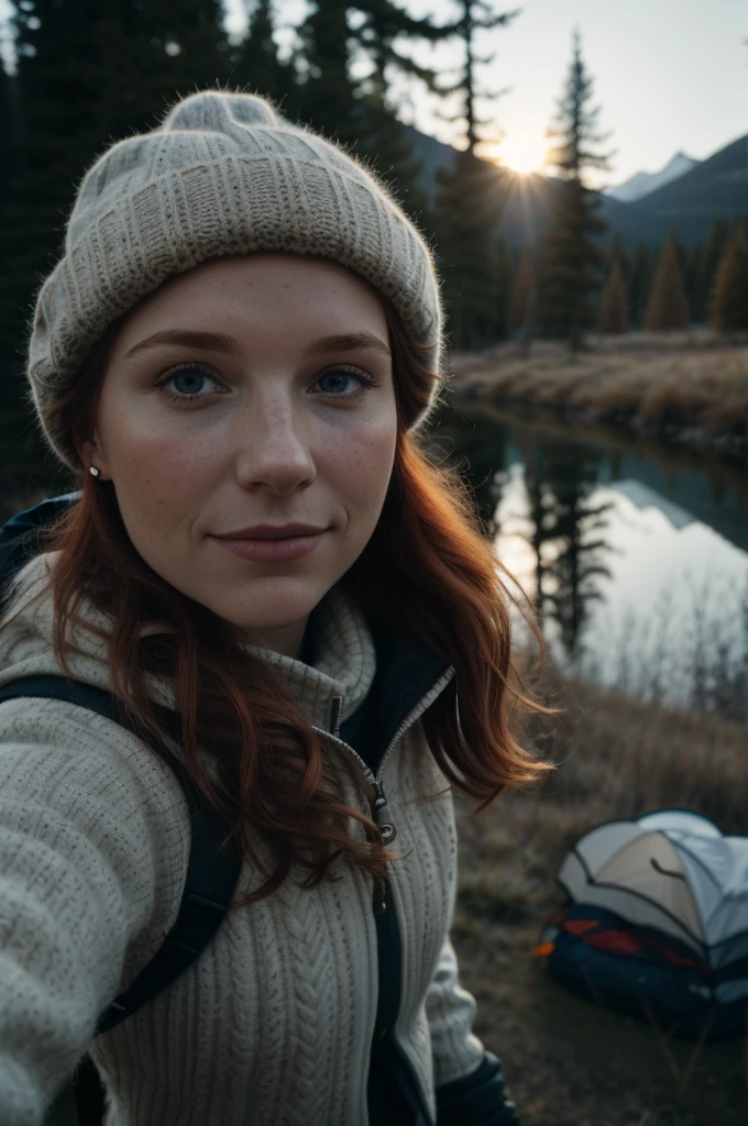 1 redhaired woman((upper body selfie, happy)), masterpiece, best quality, ultra-detailed,  solo, outdoors, (night), mountains, nature, (stars, moon)   cheerful, happy, backpack, sleeping bag, camping stove, water bottle, mountain boots, gloves, sweater, hat, flashlight, forest, rocks, river, wood, smoke, shadows, contrast, clear sky,
analog style (look at viewer:1.2)  (skin texture)
(film grain:1.3), (warm hue, warm tone)