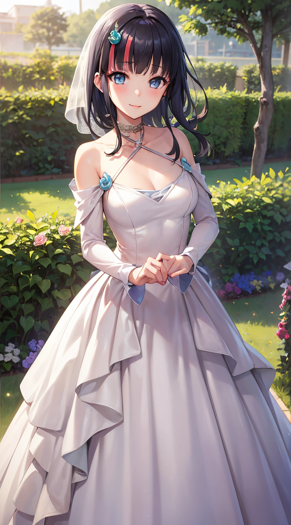 masterpiece, great quality, ultra detail, illustration, game cg, 1girl, solo, (FGOErice), collarbone, wedding dress, blush, standing, garden, glossy lips, makeup, light smile