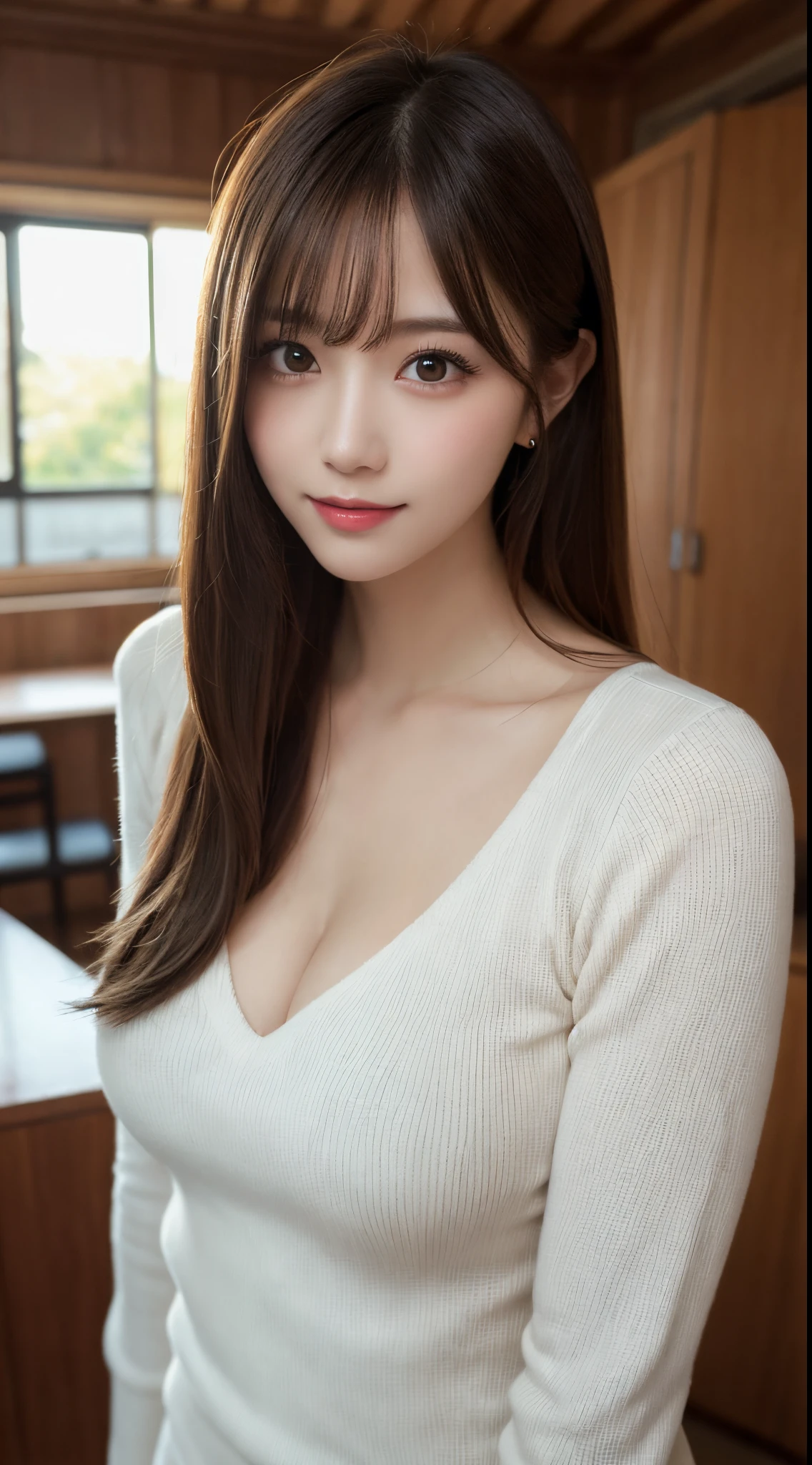 masutepiece, Best Quality, Illustration, Ultra-detailed, finely detail, hight resolution, 8K Wallpaper, Perfect dynamic composition, Beautiful detailed eyes, Natural Lip, Big breasts, Random sexy poses,Raw photo,kawaii,ssmile、Tight knit dress that makes your chest look beautiful - chest coordination